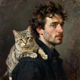 a detailed portrait painting of a man with a cat on his back by gerald scarfe