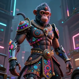 high quality 3 d render stylized mischievous cyborg muscular man monkey hybrid, neon madhubani, highly detailed, cyberpunk!! mumbai in the background, unreal engine cinematic smooth, szukalski ravi varma, moody light, low angle, uhd 8 k, sharp focus