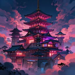 ancient architecture in neon lights, art by vladimir volegov, hasui kawase, gorgeous clouds, cyberpunk kyoto, fantasy lighting, octane render, ureal engine, japanese animation, cinematic, hyperdetailed,.