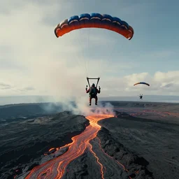 downward distant view of sky divers, open parachutes, hell, parachuting downward, Kilauea setting, lava stream, Photorealistic, establishing shot, cinematic lighting, , dramatic lighting, atmospheric, realistic, octane render, highly detailed, color graded, matte painting in the style of craig mullins