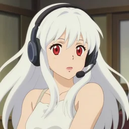 anime film still portrait of a japanese young woman, large red eyes, long white hair, wearing a headset in her room interior, detailed facial features, dynamic pose, cute face by ilya kuvshinov, makoto shinkai takashi takeuchi studio ghibli, akihiko yoshida, rimlight, 4 k