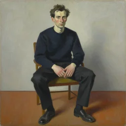 painting of a man sitting on a chair and staring at you, by georg baselitz