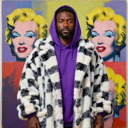 a checkered fluffy robe over a purple clothed king, brown skin, painting by jean michel basquiat, andy warhol,