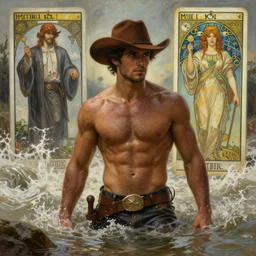 a dramatic, epic, ethereal painting of a handsome brown shirtless cowboy | background is a torrential flooding river | tarot!! card, art deco, art nouveau | by Mark Maggiori (and Alphonse Mucha) | trending on artstation