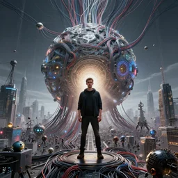 extremely beautiful high detailed long portrait of dyson sphere program, by greg rutkowski, by rhads, by jesper ejsing, so many wires, sharp focus, man standing, colony, atom, crowd, city, cuber punk, ant colony