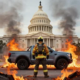 ncr ranger standing in front of the u. s. capitol building while it's on fire, concept art, 4 k