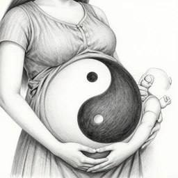 a detailed drawing of a pregnant woman giving birth to emerging yin - yang daoist symbol emerging from womb, black and white detailed pencil drawing dao