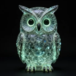 symmetrical detailed sculpture of an owl, made of Glow-in-the-dark Crystal