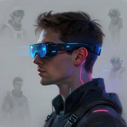 sillouete side view future coder man, sleek cyclops display over eyes and glowing headset, neon accents, holographic colors, desaturated headshot portrait digital painting by charles camoin ivan bilibin, dean cornwall, donato giancola, john berkey, astronaut cyberpunk electric lights profile