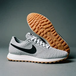 a studio photoshoot of a Nike x Acronym sneaker collab designed by Errolson Hugh, knitted mesh material, rubber Waffle outsole, realistic, color film photography by Tlyer Mitchell, 35 mm, graflex
