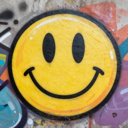 grafitti smiley face, spray paint texture, in style of futura 2000, artsy