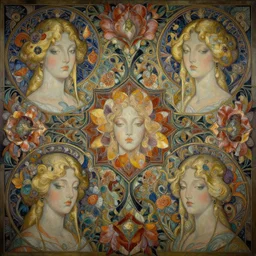 breathtaking detailed concept art painting art deco pattern of blonde faces goddesses by hsiao - ron cheng, amalgamation flowers, bizarre compositions, kaleidoscope, exquisite detail, extremely moody lighting, 8 k