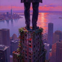 shadowed human figure atop a skyscraper looking down through his feet to see a metropolis covered in water except for the tops of the skyscrapers, the buildings are ruins and covered in vines, purple and red hues reflect off the water from the sunset, many skyscrapers, bright oil paint