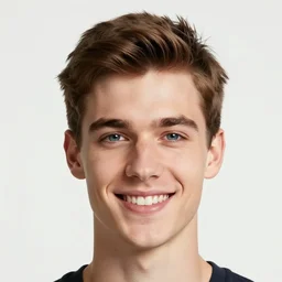 a photographic portrait of a young Caucasian man smiling with short brown hair that sticks up in the front, blue eyes, groomed eyebrows, tapered hairline, sharp jawline, wearing a volleyball jersey, sigma 85mm f/1.4, 15mm, 35mm, 4k, high resolution, 4k, 8k, hd, highly detailed, full color, Kodak Kodachrome Film