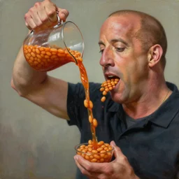 vin diesel pouring baked beans into the mouth of dwayne the rock, an oil painting by ross tran and thomas kincade