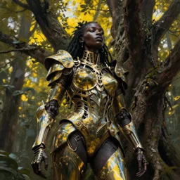 hyperrealistic neo-baroque super expressive! black woman with detailed exoskeleton armor, merging with tree in a forest, digital painting masterpiece brad kunkle hannah yata dramatic iridescent yellow light low angle hd 8k sharp focus