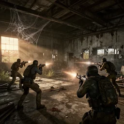 call of duty view of an abandoned warehouse, shooting at zombies, cobwebs and sunset light, hyperdetailed, artstation, cgsociety, 8 k
