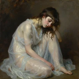 loose portrait of a sad fragile beautiful girl covered in translucent flowing dress, wet drapery, greek, alla prima, oil painting, by sargent and john larriva