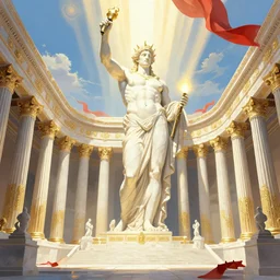 a matte painting of a Atlantis grec temple olymp glory in sun shaft zeus sky statue pantheon in white marble gold incrusted of legends adn red flag dynasty by Frank Lloyd Wright and Zaha Hadid torch volume light stylized illustration