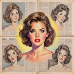 a handmade collage painting with newspapers of a girl from 1 9 8 0 s, high detailed, retro style painting, retro pastel colored palette, grain and texture, dancing heads, illustration, oil pastel drawing, symetrical, in the middle, looking to camera, high shoulders, gradient lighting at the back, sharp teeth, red paint stains, extremely elegant drawing, looking straight, lens correction, sharp focus, 8 k