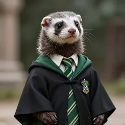 a anthropomorphic ferret is dressed as a hogwarts students dressed in slytherin robes, hyperdetailed, artstation, cgsociety, 8 k