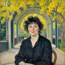 portrait of a happy middle aged italian woman with black hair and green eyes sits outside an art deco cafe under an archway tunnel of laburnum trees in bloom painted by emile friant