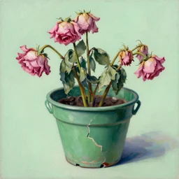 an impressionist painting of a partly broken green flowerpot with dying pink roses, light green background, studio lighting, the pot has 2 handles on the sides
