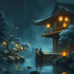 painting of night time intimate traditional onsen by teahouse floating lanterns by craig mullins rutkowski mucha males cozy hot springs bonsai zen garden warm teahouse [ traditional japanese motifs ] concept art fantasy d & d soft lighting octane artstation