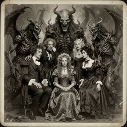 vintage photograph monochrome plate, monstrous mutant victorian family of demonic cenobite people posing with immense lovecraftian god monsters, distressed old photo, deteriorating, grunge, antique, slight sepia tone, horror, madness