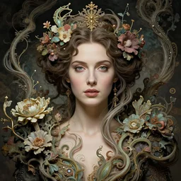 a beautiful detailed front view portrait of a woman with ornate growing around morphing, ornamentation, flowers, elegant, beautifully lit, by wayne barlowe, peter mohrbacher, kelly mckernan,