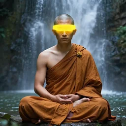a wise monk meditates under a waterfallto pieces with glowing yelow visor as a realistic, torso, art by james jean and greg rutkowski!!, realistic face, like fantasy, digital art, art, trending on artstation, 8 k