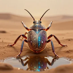 bug creature in a desert, water reflection, backlit, warm tones, bioluminescent : : by michal karcz, daniel merriam, victo ngai and guillermo del toro : : ornate, dynamic, particulate, intricate, elegant, highly detailed, centered, artstation, smooth, sharp focus, octane render, 3 d