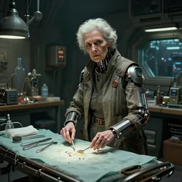 an environmental concept art of an elderly russian woman cyberneticist in a cluttered workshop, surgical implements, surgery table, highly detailed, cinematic, dramatic, cyberpunk, dieselpunk, scifi space station, horror, bladerunner 2 0 4 9