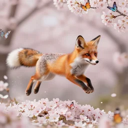 great little fox jumping in sakura flowers heap, arc body, photorealistic, unreal engine, dynamic, graceful, colored butterflies