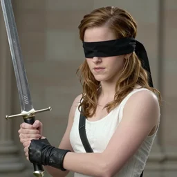 fashion model emma watson in 2b cosplay blindfolded holding sword