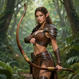 Gorgeous Jungle Ranger, brown armor, thick bow, ornamental arrows, high fantasy, elf, brown hair, trending on artstation, artstationHD, artstationHQ, octane, alluring, intrinsic, by leng jun, by frank franzzeta