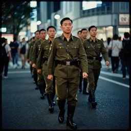 lomography, full body portrait photo of reol wearing a retro military uniform marching down the street in shibuya exterior at night, moody, realistic, dark, skin tinted a warm tone, light blue filter, hdr, rounded eyes, detailed facial features, ( ( dark outside ) )