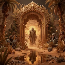 portal leading to a dead god in a desert lush vegetation, warm tones, night, water reflection : : by michal karcz, daniel merriam, victo ngai and guillermo del toro : : ornate, dynamic, particulate, intricate, elegant, highly detailed, centered, artstation, smooth, sharp focus, octane render, 3 d