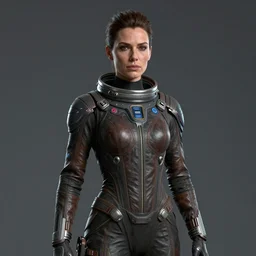 full head and body portrait of strikingly beautiful slim mature woman wearing leather spacesuit, space empress in scifi clothing, photograph, 4 k, ultrarealism, octane render, uplighting, studio photo, artgerm, artstation concept character, science fiction