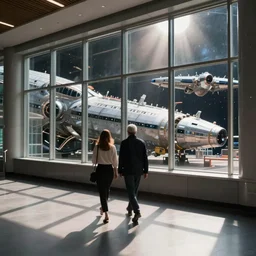 “walking through the lobby terminal of Sevastopol Station. there are large starships outside of the space station windows”