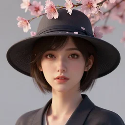 a portrait of a female wearing a hat with sakura on top, hyper detailed, digital art, cinematic lighting, studio quality, smooth render, unreal engine 5 rendered, octane rendered, artstation by nixeu and ian sprigger and krenz cushart