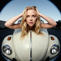 charlize theron with long blonde hair locks holds over its head on its two hands old volkswagen beetle, flashlight, 8 mm extreme fisheye, award - winning colour portrait by britt marling