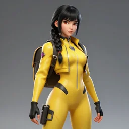 Character sheet of Battle girl with black hair, bangs and long braid. Wearing Short yellow jacket and full catsuit with backpack. League o f Legends 3d rend er octane render game art realistic hig hly detailed trending on artstation