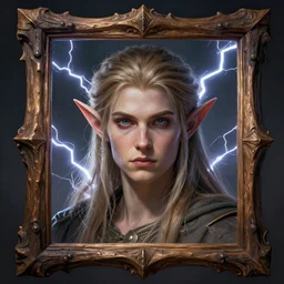 character concept portrait, head-on centralized, elf archer. Thick wooden Frame. Detailed, high quality, dynamic lightning, fantasy. . Artwork by artgerm, WLOP, alex ross, Mucha