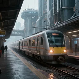 Immense industrial futuristic train arrives at cyber punk city station, cinematic lighting, digital concept art