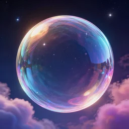 iridescent bubble in space full of stars and vibrant clouds, volumetric light, octane render, glass shader