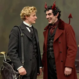 colorful portrait of a blonde man talking to to the devil, smiling maniacally, golf bag, 1 8 0 0 s victorian photo, hand coloured photo, cinematic lighting, atmospheric, realistic, octane render, dramatic lighting, highly detailed, cinematic, by joel peter witkin and hieronymus bosch