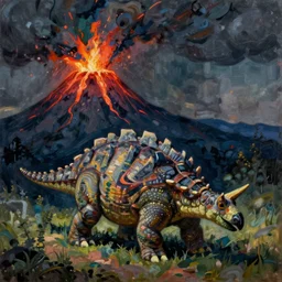 painting of an ankylosaurus watching an erupting volcano in the style of egon schiele