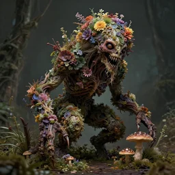 a disturbing horror photograph of an amazing fantasy creature made out of nature and flowers and fungus, intricate, hyperrealism, sharp focus, cinematography, highly detailed, octane render, digital horror artwork, matte, photography by professional photographer