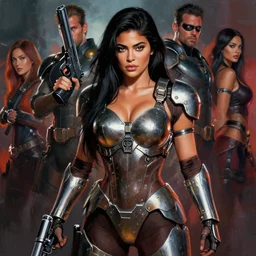 model face female bodybuilder kylie jenner wearing metal gear armor holding gun dramatic lighting art by brandon anschutz by yoji shinkawa by richard schmid by greg rutkowski by sandra chevrier by jeremy lipking cinematic dramatic brush strokes background